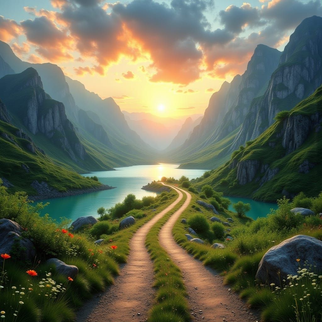 Sunrise Over Mountains and Azure Lake