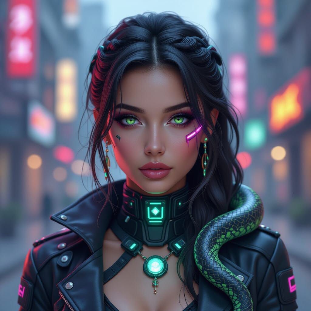 Cyberpunk Snake Goddess with Neon Lights