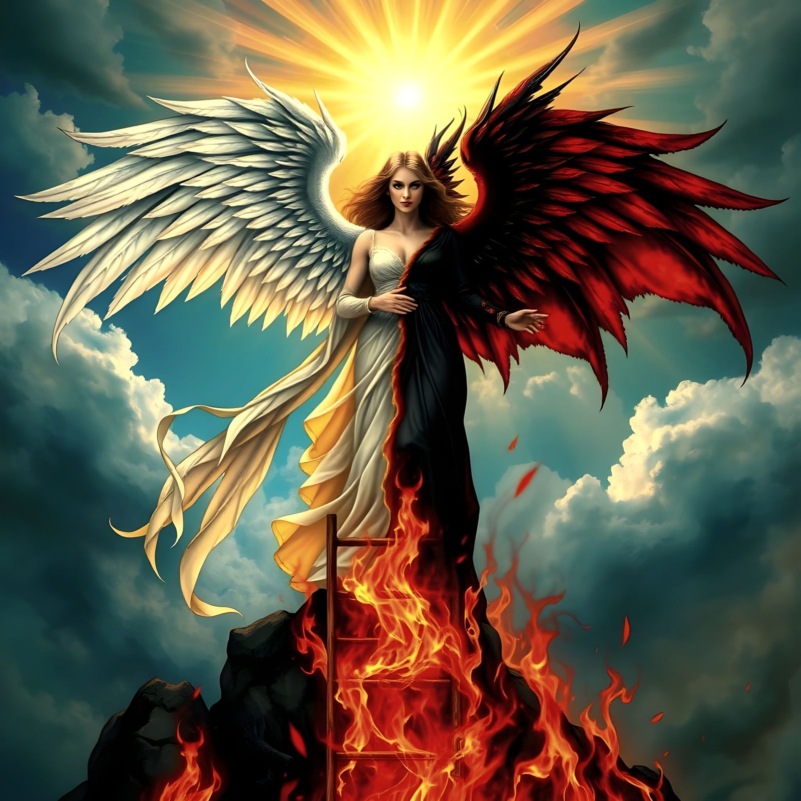 Angel with Duality Wings in Fiery Balance