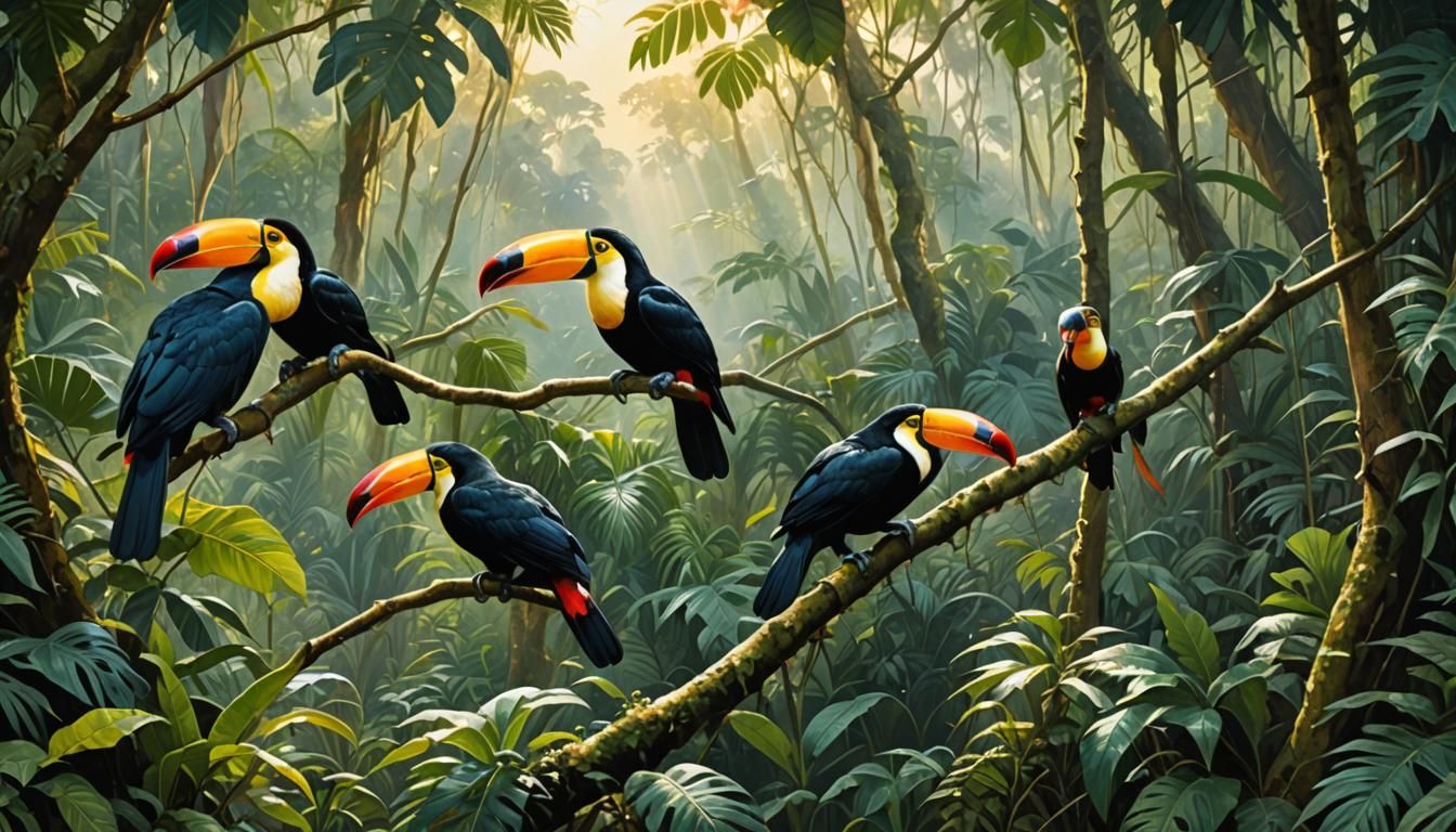 Vibrant Toucans Soar Amidst Jungle Majesty in Gouache Master...