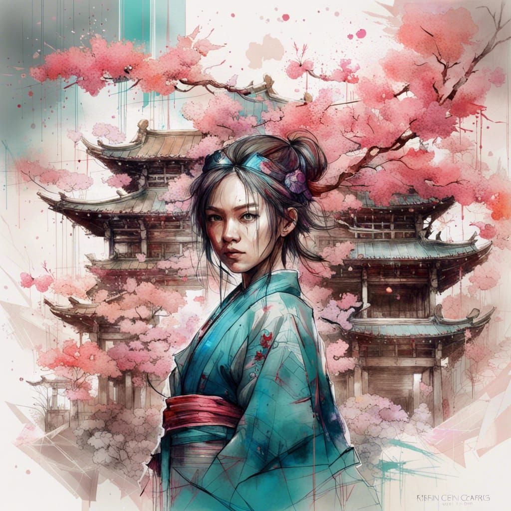 Chinese Temple and Sakura Garden in Vivid Colors