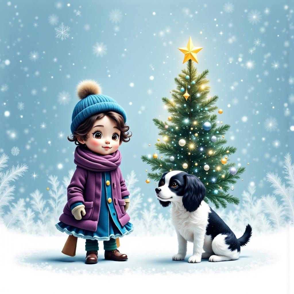 Young Girl Stands Beside Christmas Tree, Dog Gazing Up at He...