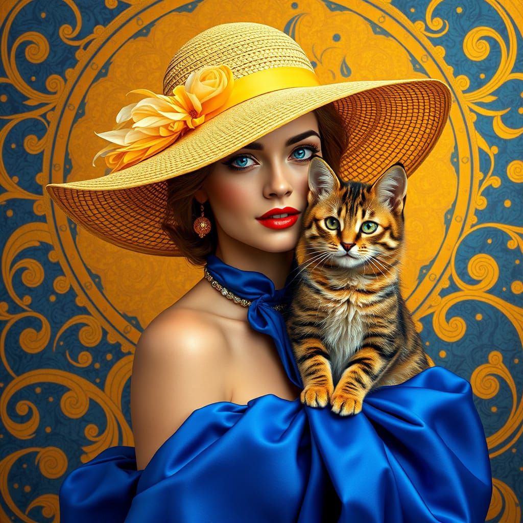 Elegant Woman in Cobalt Blue Gown with Feline Companion