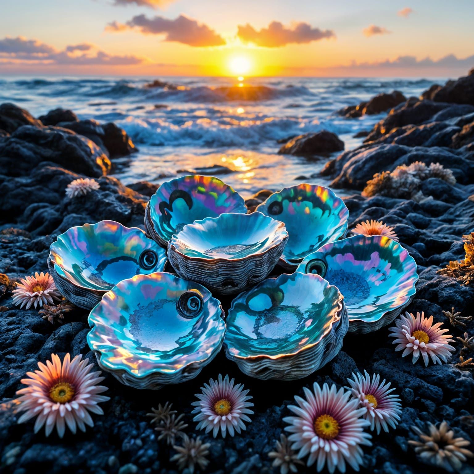 Iridescent Abalone Shells at Sunset in Ukiyo-e Style