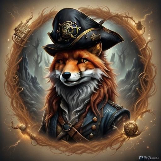 Pirate Fox Treasure Hunter on Foggy Skull Island in Chalk Fa...