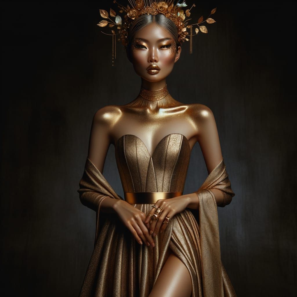Chinese Model in Gold Gown, High Fashion Portrait