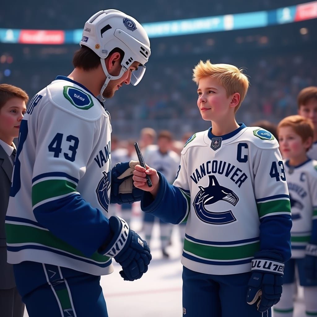 Hockey Player Signs Young Fan's Jersey in a Vibrant Arena Sc...