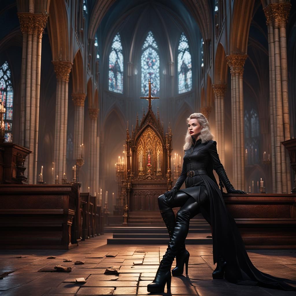 Julie Newmar in Gothic Church, Detailed Matte Painting
