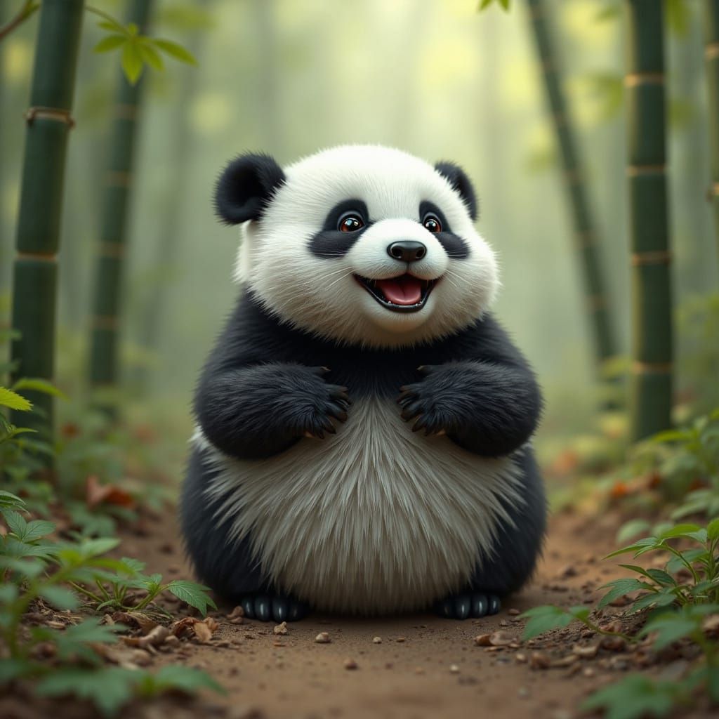 Surreal Panda Cub Enjoys Bamboo Forest
