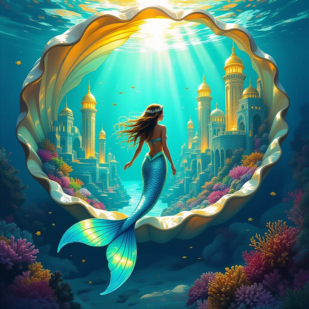 Underwater City in Seashell with Mermaid, Fantasy Style
