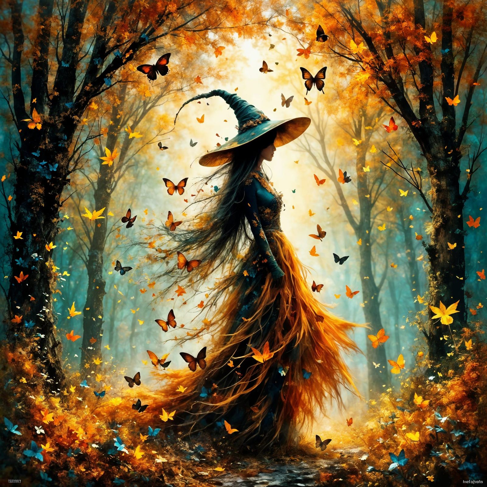 Ethereal Witch in Autumn Forest Clearing