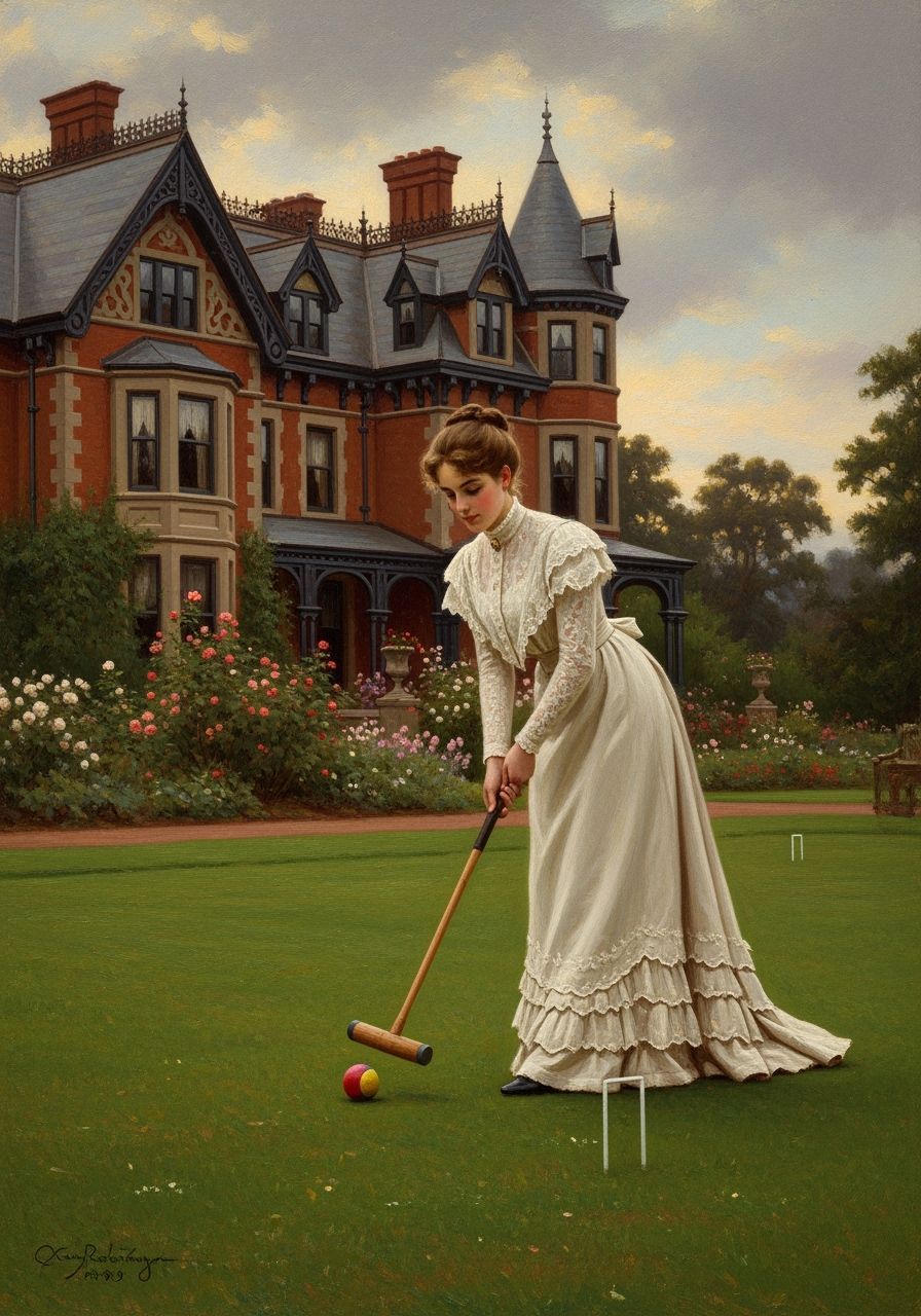 Victorian Woman Playing Croquet at Mansion, Oil Painting