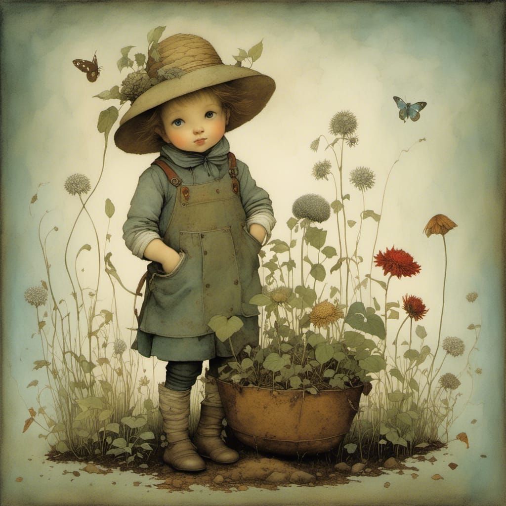 Whimsical Little Gardener in Storybook Style