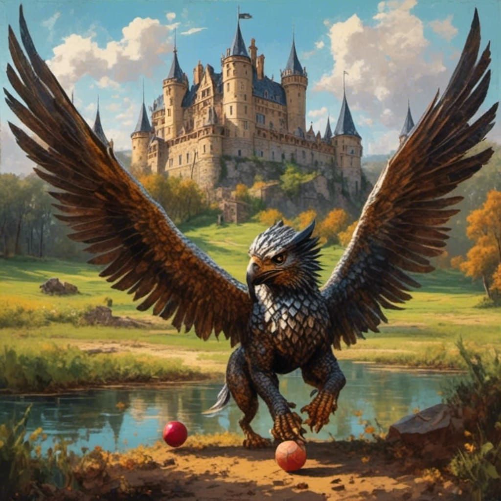 Iridescent Gryphon Portrait Playing Ball
