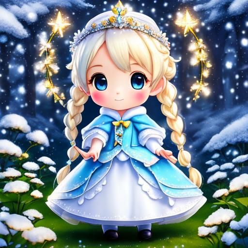 Snow Fairy Girl in Winter Garden, Chibi Style