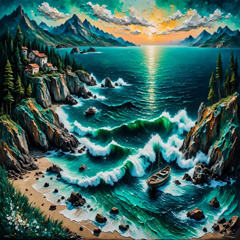 Emerald Bay Oil Painting with Overturned Boat