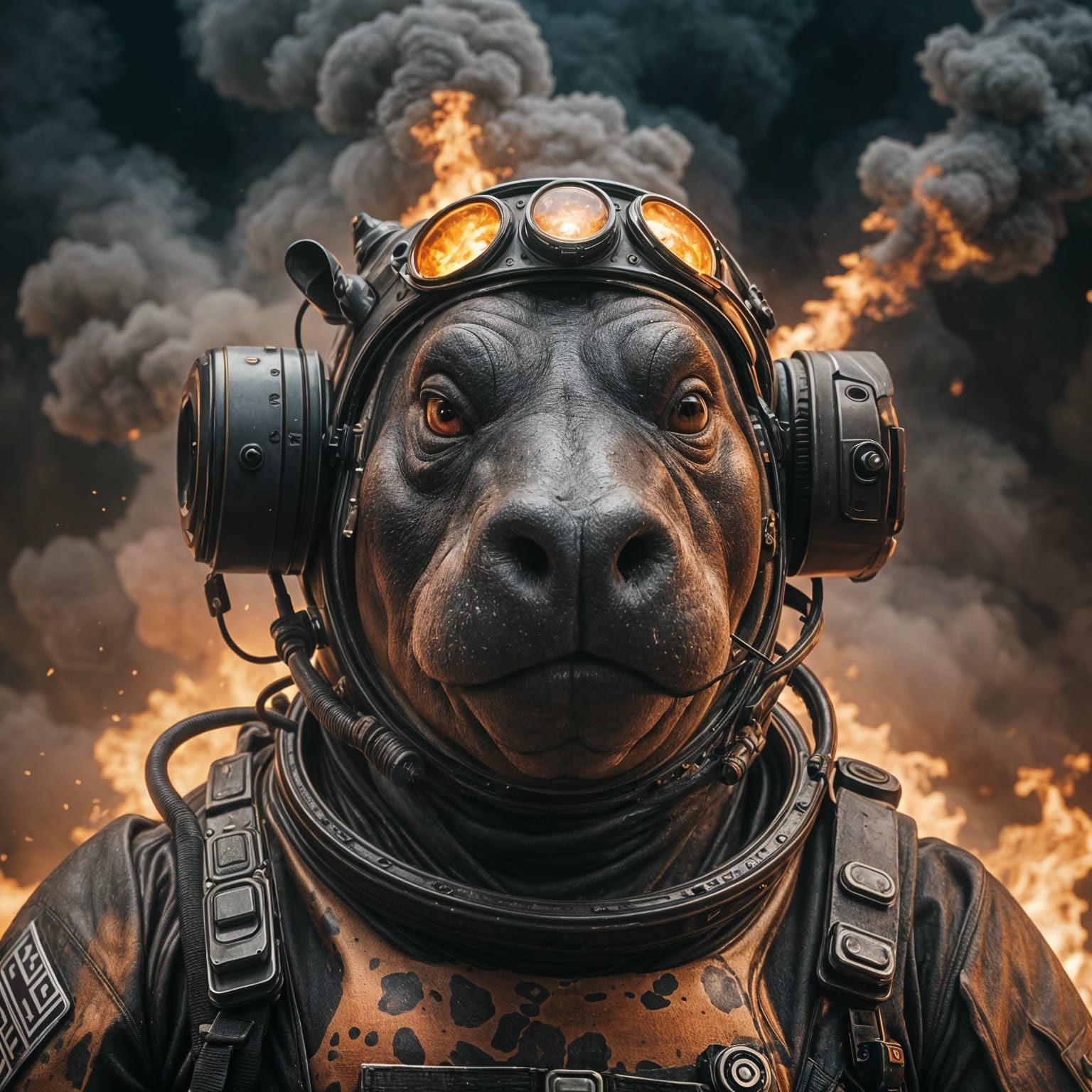 Fiery-Eyed Hippo Astronaut in Cinematic Style