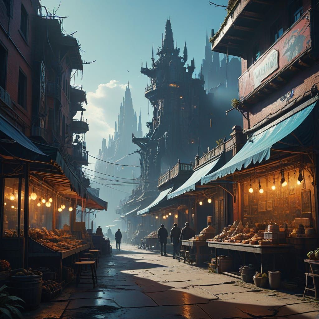 Vibrant Marketplace Scene in Cyberpunk Style