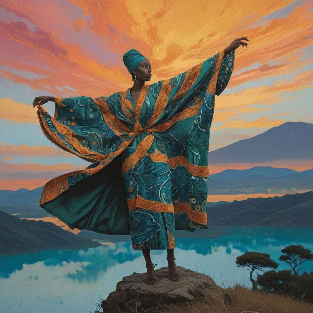 Woman in Vibrant Coat Surveys Serene Landscape