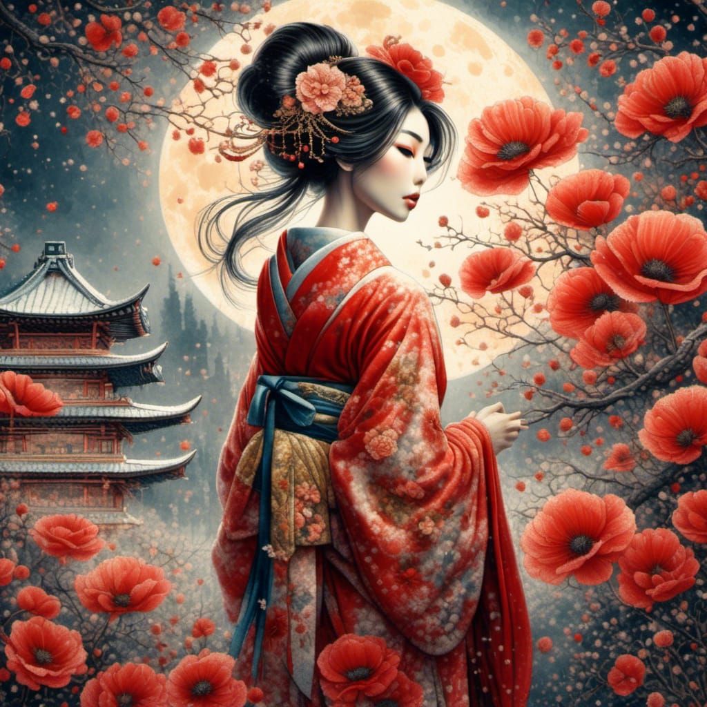Geisha in Temple with Poppies: Asian Brush Painting