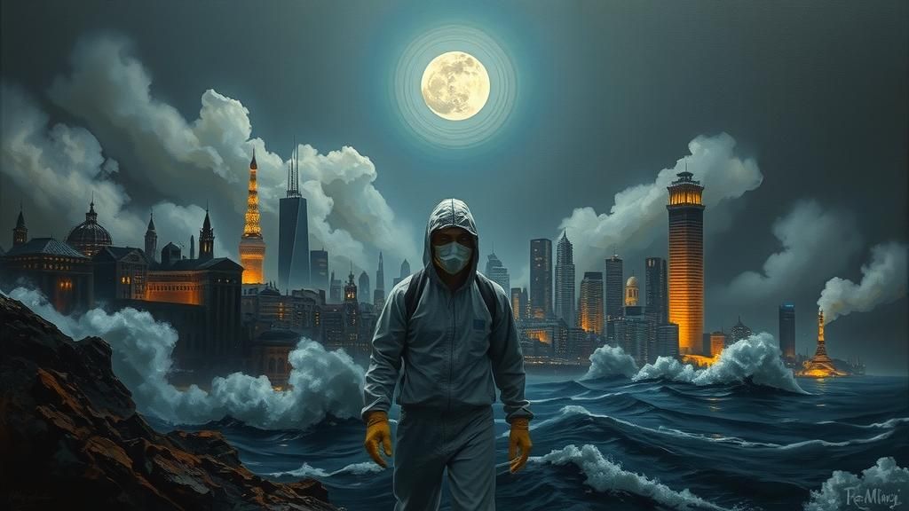 Hazmat Figure in Melting Cityscape: Surrealist Dreamscape