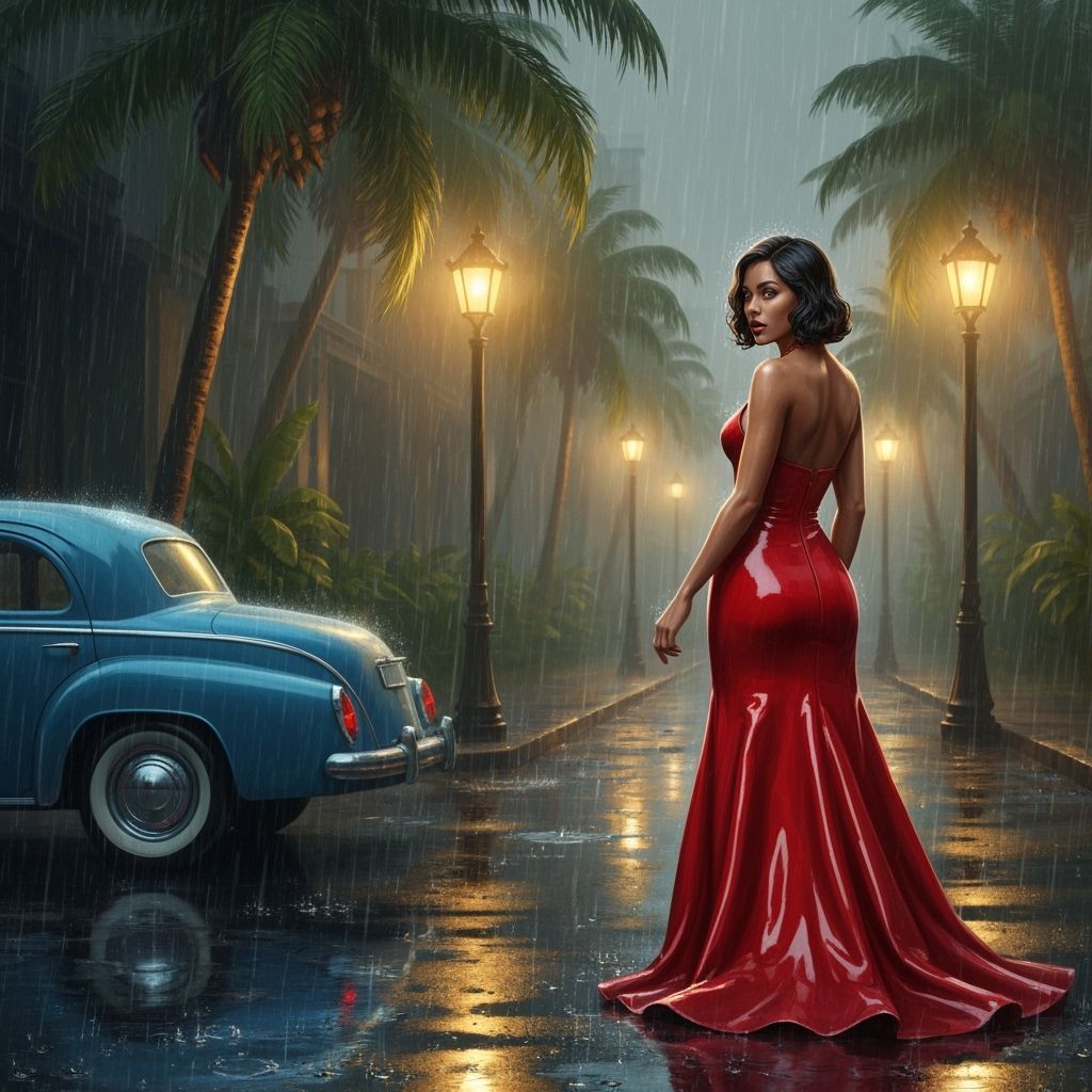 Woman in Red Gown in Rainy Tropical Night