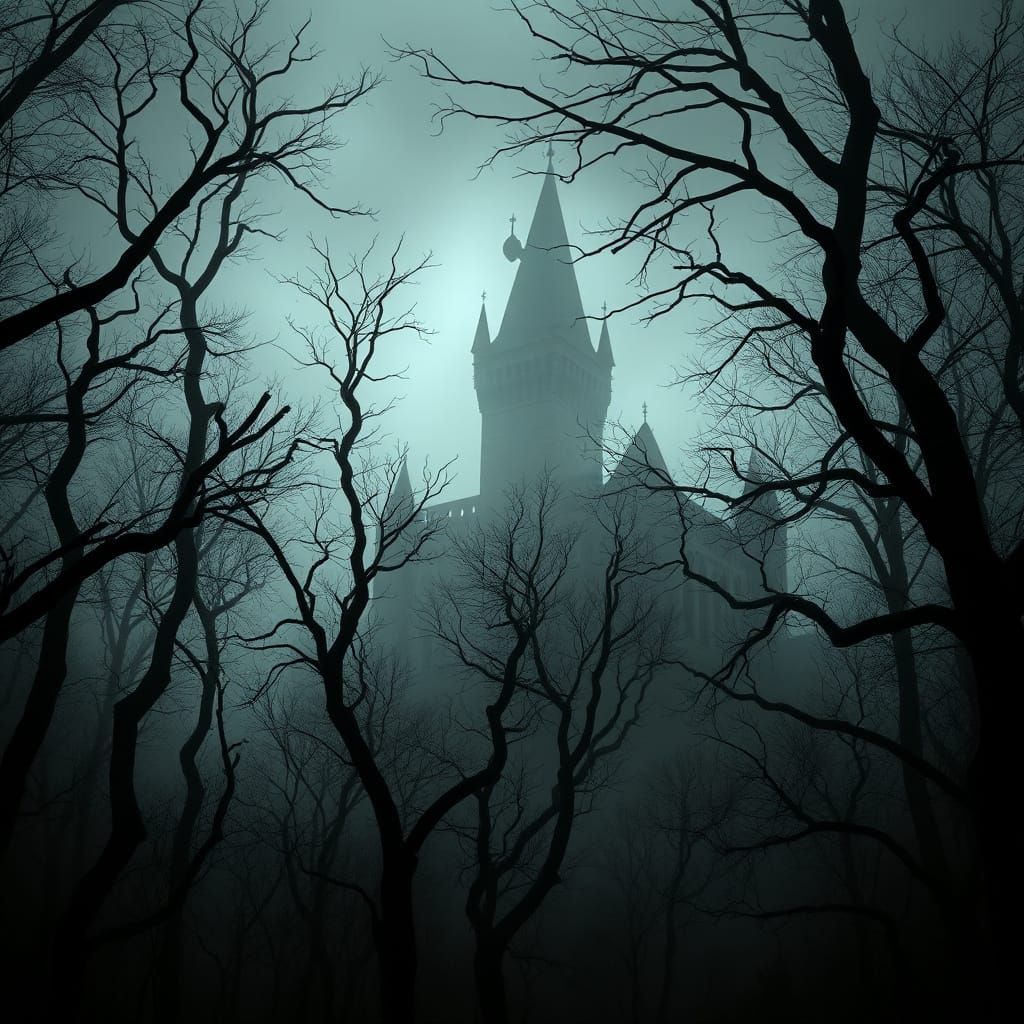 Gothic Castle Emerges from a Menacing Misty Forest