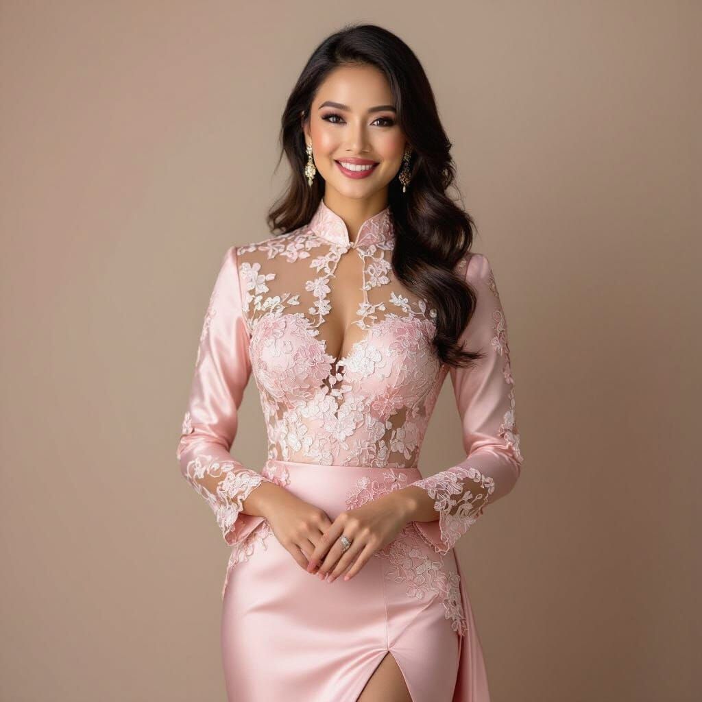 Elegant Malay Woman in Pink Satin Kebaya with Lace