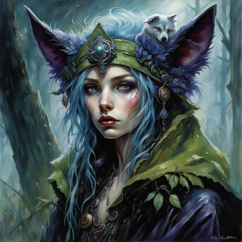 (Pale)green skinned goblin(piercing green eyes, light blue l...