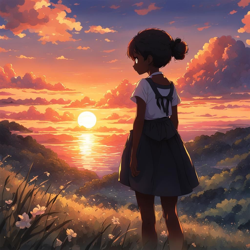Anime-Style Sunset Silhouette of a Young Woman