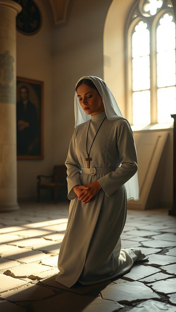 Elegant Nun in Contemplative Prayer, in Cinematic Style