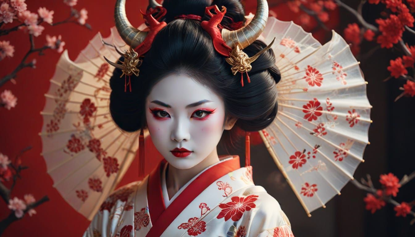 Geisha and Akumu Demon Veiled Split Portrait