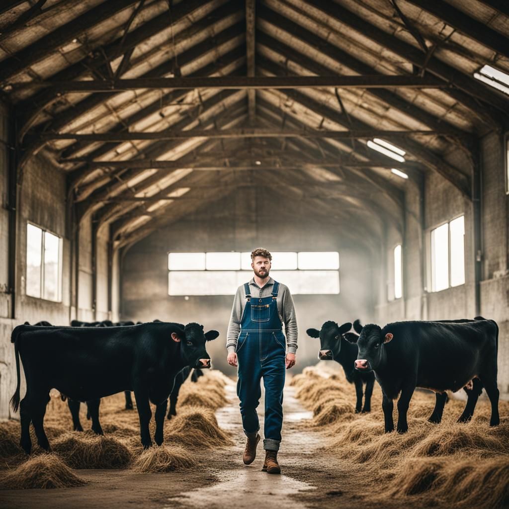 Pastoral Scene: British Farmer with Cows in Barn