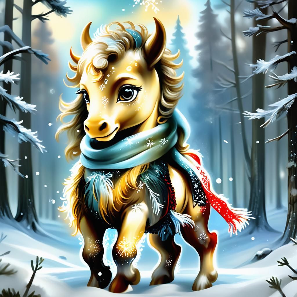 Chibi Centaur in Icy Forest: Art Nouveau Oil Painting
