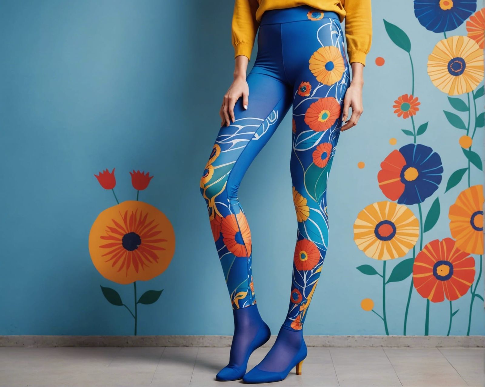 Blue Tights with Artful Floral Print