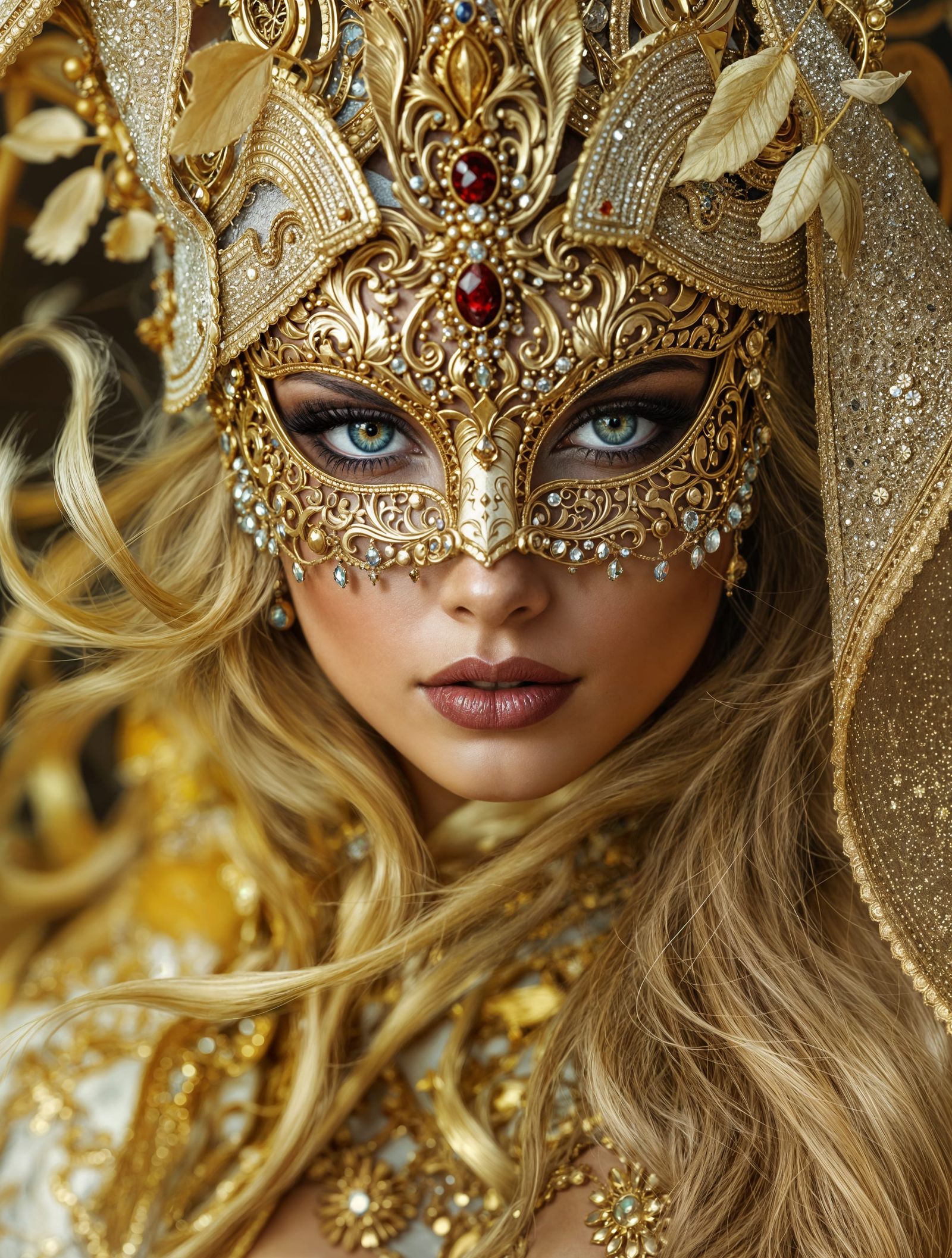 Elegant Woman in Golden Mask and Luxurious Garment