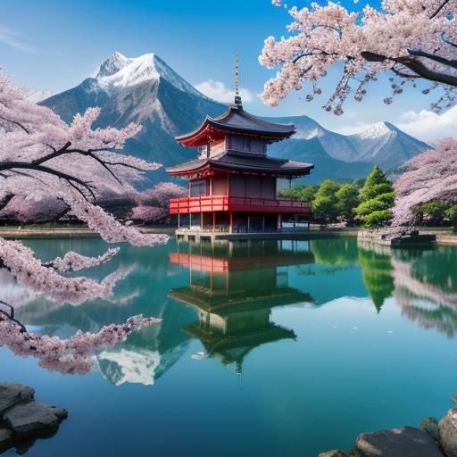 Ancient Sakura Temple on Lake with Mountains