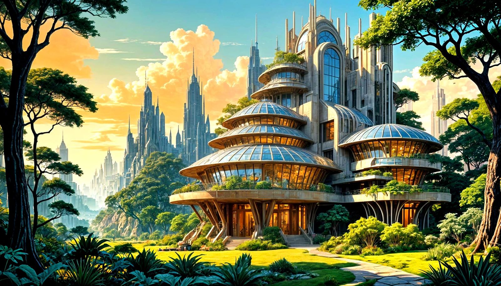 Golden Honeycomb Cityscape with Vibrant Garden