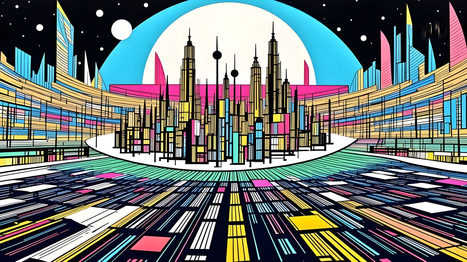 Utopian Cityscape with Golden Spires in Winter Forest