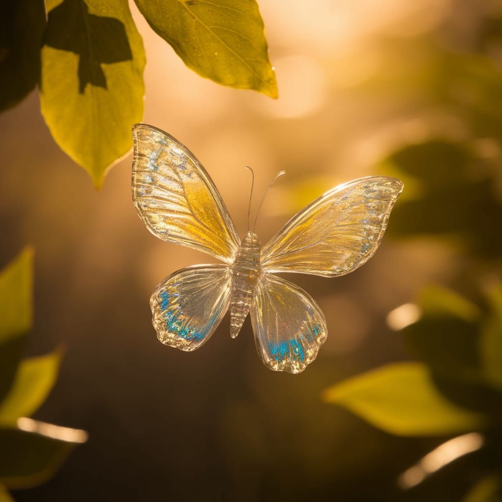 Ethereal Glass Butterfly in Vibrant Golden Light