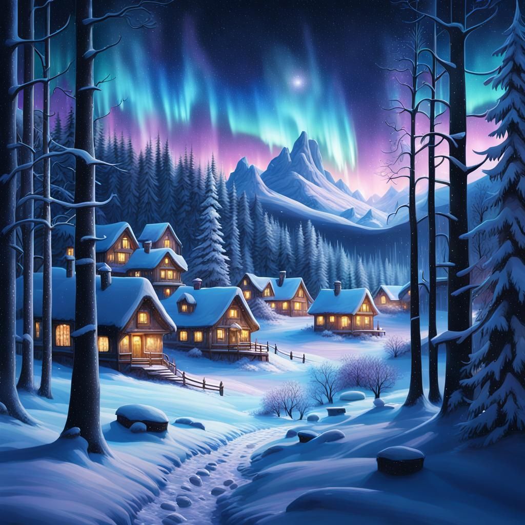 Magical Winter Village Under Aurora Borealis
