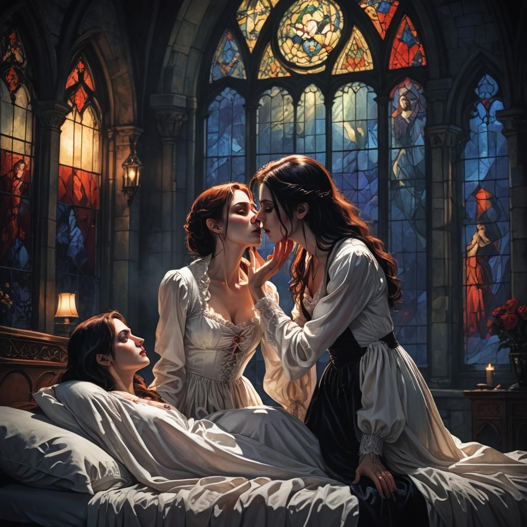 Vampire Kiss in Gothic Castle Bedroom