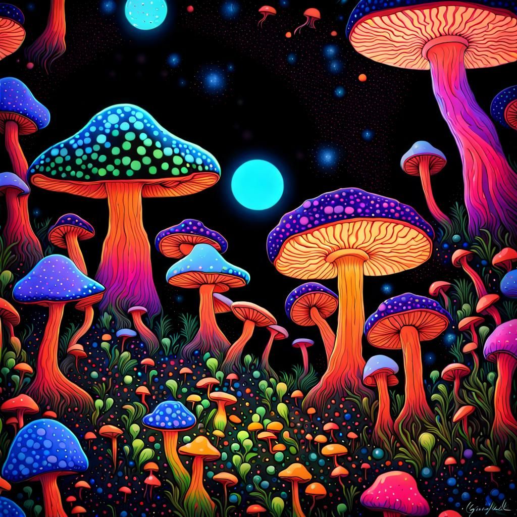 Psychedelic Mushroom in Blacklight Forest