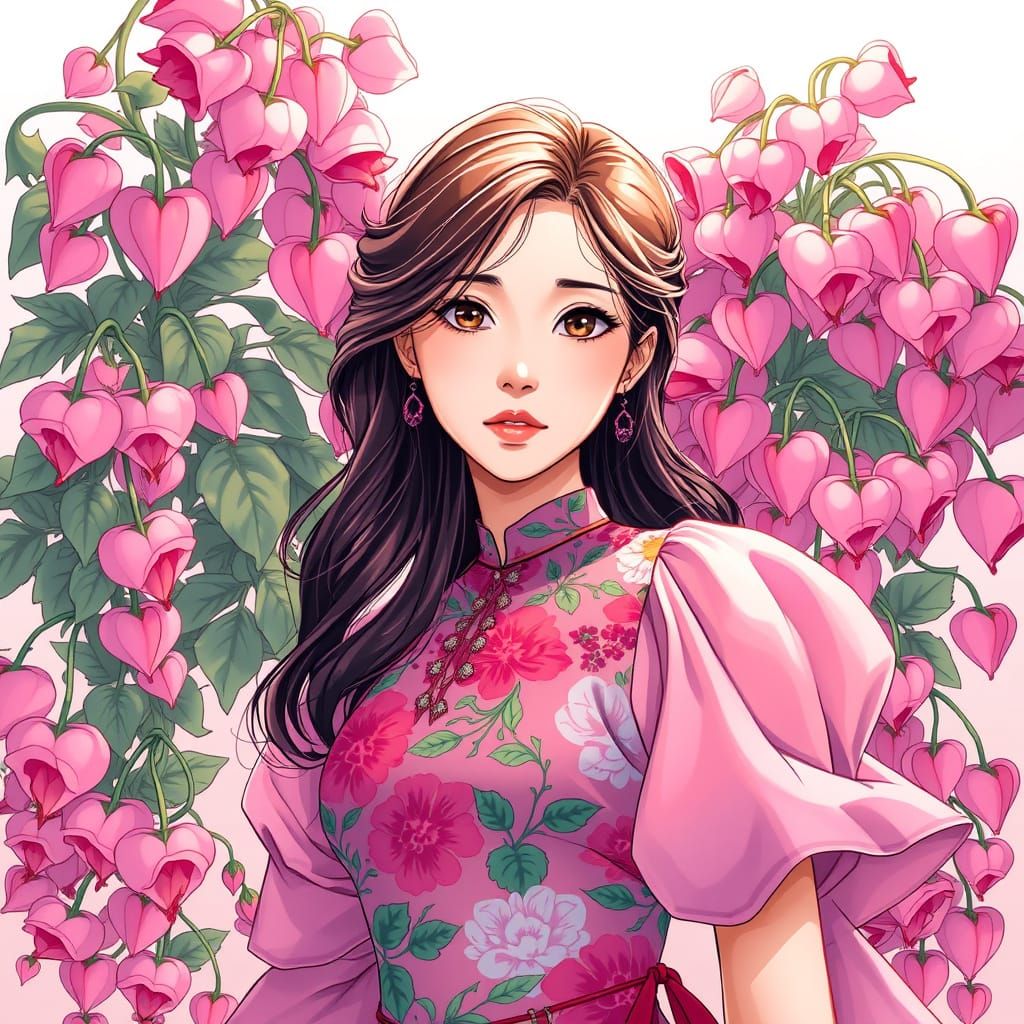 Asian Woman in Flower Dress with Bleeding Heart Blooms