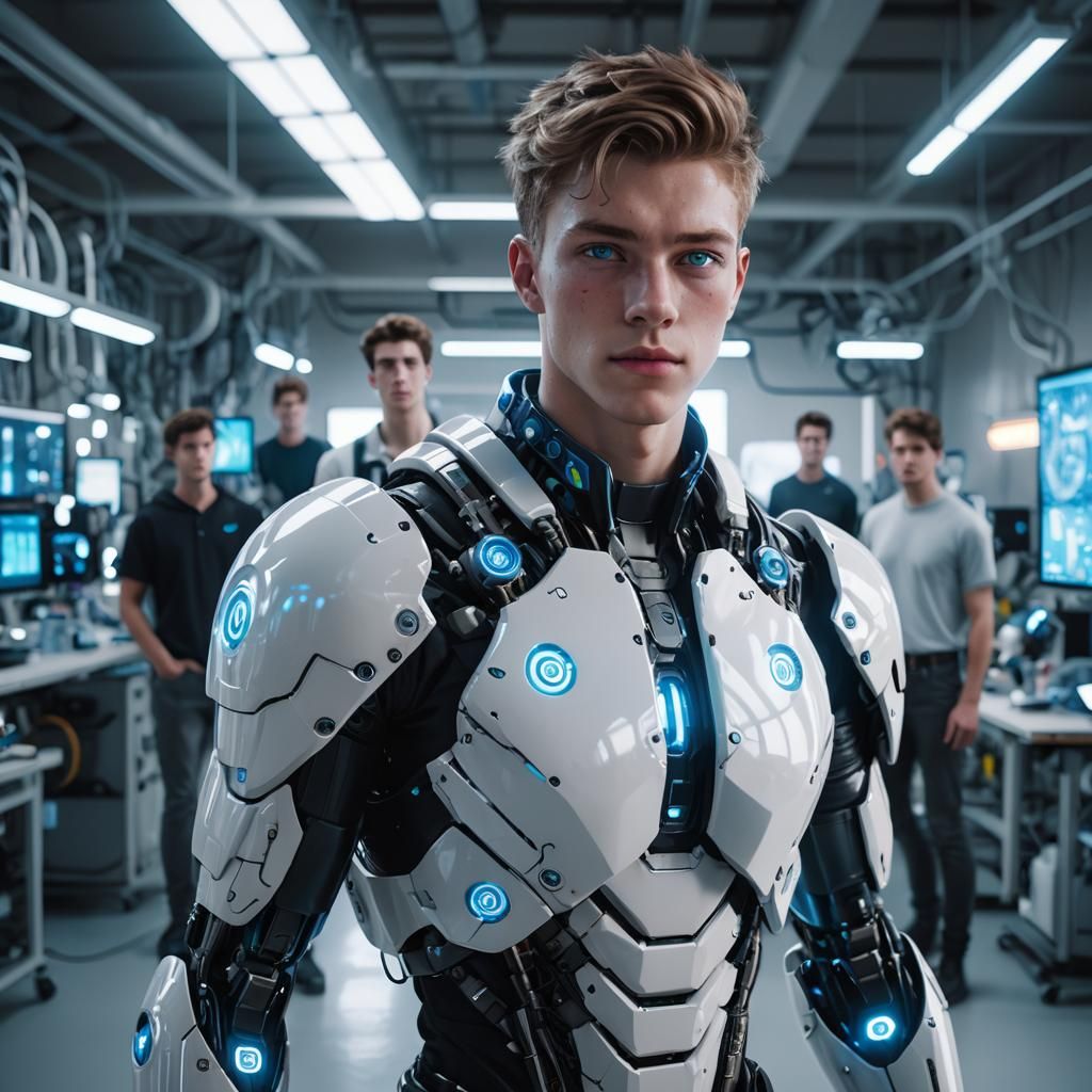 Cyborg Student in Cyberpunk College Lab