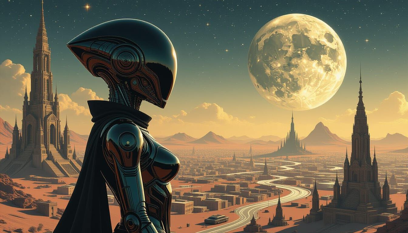 Biomechanical Utopia with Alien Mech in Sepia Tones