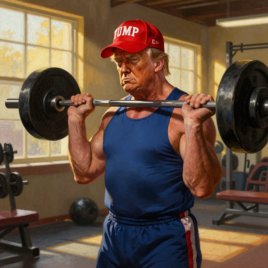 Donald Trump Lifts Weights in Gym with Golden Hour Light