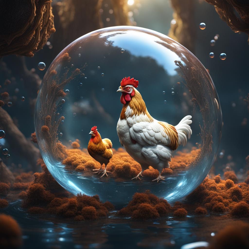 Chickens in a Water Bubble: Detailed Fantasy Art