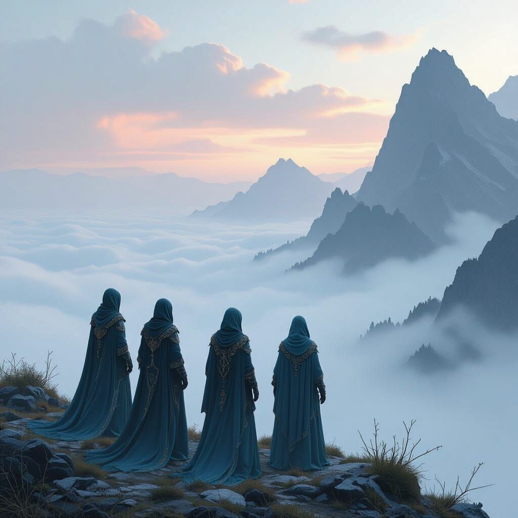 Mystical Figures at Misty Mountain Edge
