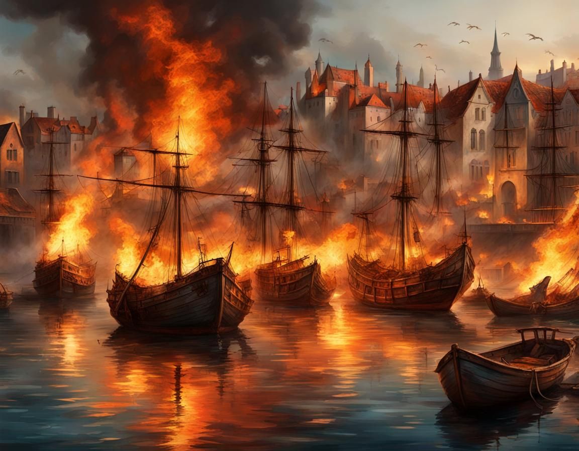Burning Ships in Medieval Harbor with Flames